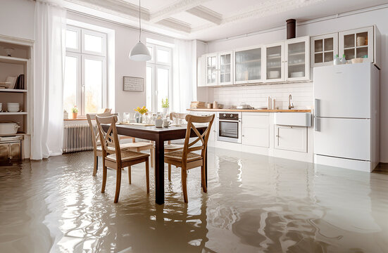 Flood in the apartment in the kitchen. Concept of a pipe breaking into a house. Emergency.