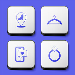 Set Woman shoe, Hanger wardrobe, Mobile with heart and Diamond engagement ring icon. White square button. Vector