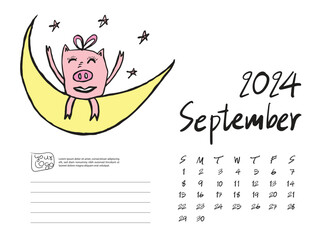 Calendar 2024 design template with Cute Pig vector illustration, September 2024, Lettering, Desk calendar 2024 layout, planner, wall calendar template, pig cartoon character, holiday event