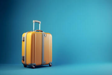 Yellow travel suitcase isolated on blue background with copy space. happy holidays concept, for banner background