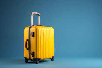 Yellow travel suitcase isolated on blue background with copy space. happy holidays concept, for banner background