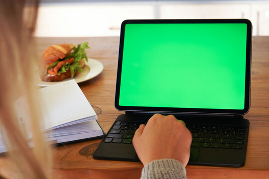 Back view of women using laptop computer blank green screen. chroma key monitor. businesswoman working on notebook.