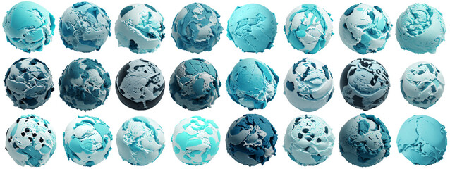 collection of blue moon / smurf-blue / marshmallow-sweet ice cream balls / scoops, isolated on transparent background cutout - png - different flavors mockup - image compositing footage alpha channel