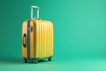 Yellow travel suitcase isolated on green background with copy space. happy holidays concept, for banner background.