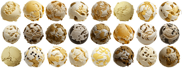 set of delicious yellow vanilla ice cream balls / scoops, isolated on transparent background cutout - png - different flavors mockup for design - image compositing footage - alpha channel - 655842916