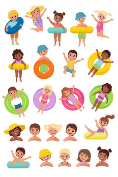 Kids swimming, jumping. Set of Happy Cheerful Children at Summer. Vector illustration in flat style