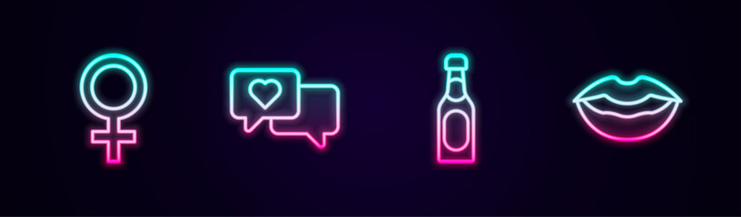 Obraz premium Set line Female gender symbol, Heart in speech bubble, Champagne bottle and Smiling lips. Glowing neon icon. Vector