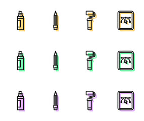 Set line Paint roller brush, Marker pen, Pencil with eraser and Computer design program icon. Vector