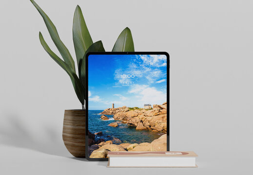 Tablet with Decoration Objects Mockup 