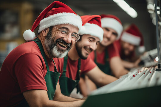 A picture of workers smiling at their boss while wearing santa hats, christmas image