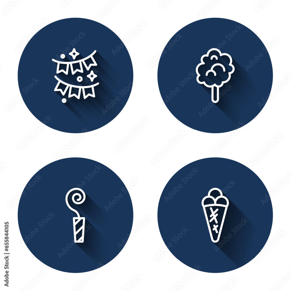 Poster Set line Carnival garland with flags, Cotton candy, Birthday party horn and Ice cream in waffle with long shadow. Blue circle button. Vector