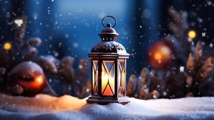 Vintage Christmas lantern on snow as magic night winter holiday background, Merry Christmas and Happy Holidays wishes, generative ai