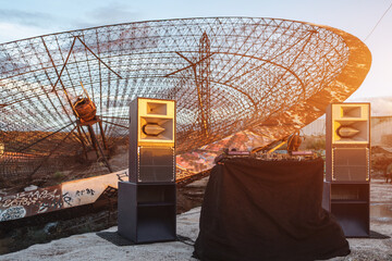 live dj set by abandoned industrial antenna dish, Tenerife, Canary island