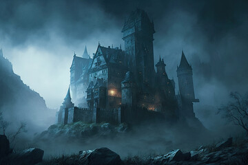 Mysterious castle in a foggy night. Fantasy landscape. 3D rendering