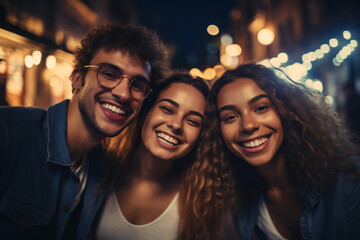 Obraz premium Lifestyle and friendship concept. Multi ethnic guys and girls spending time together. Happy life style friendship concept. Young multicultural people having fun time together in city. Generative AI