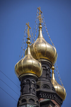 Three gold domes at the top of Alexander Nevsky Church, Copenhagen, Denmark