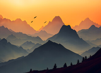 Alpenglow, sunset in the mountains, minimalist illustration
