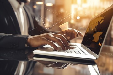 Businessman use modern interface payment, online shopping and customer network connection on virtual screen, smart logistics, innovative logistics, future of transportation in a large warehouse	