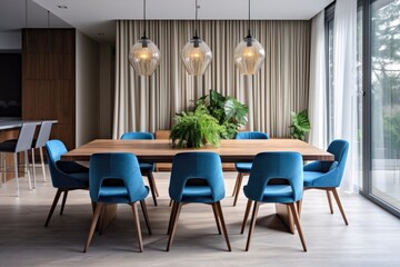 Dining room with wooden table and blue chairs