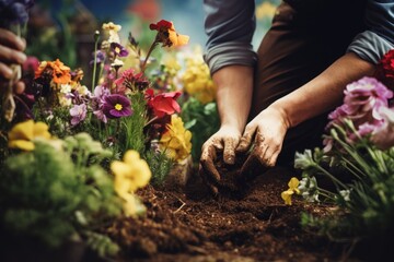 Fototapeta premium Gardener planting flowers in the ground.