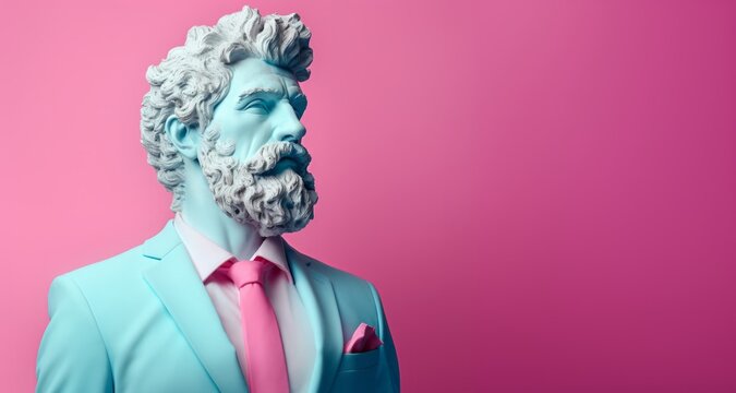 Fashionable Ancient Greek Male Marble Statue, Suit And Tie, With Beard. Pastel Colors, Pink And Blue. Minimal Humorous Concept Of Art, Modern Philosophy, Democracy, Historical Fiction. Copy Space