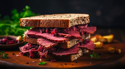 Close-Up of Delicious Pastrami Sandwich on Rye Bread. Mouth Watering Portion of Beef Deli Food