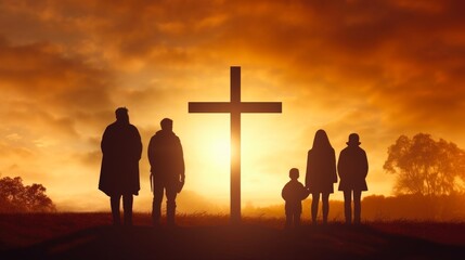 Family Worshiping God on Autumn Sunrise. Silhouette People Searching for Cross, Strengthening Faith in Jesus Christ - obrazy, fototapety, plakaty