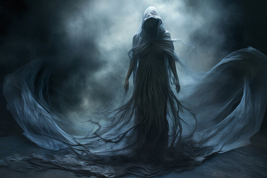 States of mind, horror, sci-fi concept. Female forest creature, wraith or ghost and nature mix concept. Dark and gloomy nature background with mist. Generative AI