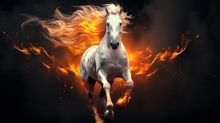 Obraz na płótnie Canvas White mustang horse with orange hair covered in orange flames gray background.