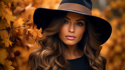 Portrait of a beautiful woman wearing a hat with autumn leaves in background