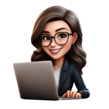 Emoji happy woman businesswoman at a laptop on a transparent background. Freelancer memoji Png