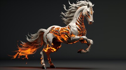 White mustang horse with orange hair covered in orange flames gray background. - obrazy, fototapety, plakaty