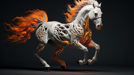 White mustang horse with orange hair covered in orange flames gray background.