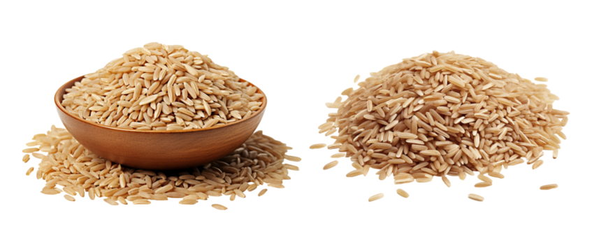 Pile of brown rice, brown rice in a wooden bowl isolated on transparent or white background, png