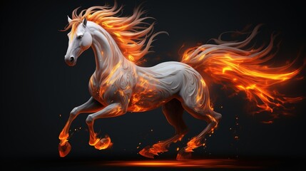 Obraz na płótnie Canvas White mustang horse with orange hair covered in orange flames gray background.
