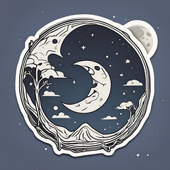 beautiful art of nature moon, mountain, tree, cloud, stars round sticker badge