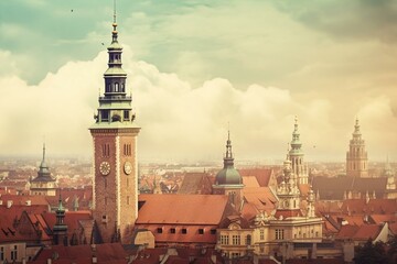 Historic Eastern European city depicting a sky castle tower, ancient palace, cathedral, church, and medieval architecture. Generative AI - obrazy, fototapety, plakaty