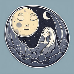 lady with moon illustrator art round badge sticker