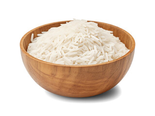 White rice in a wooden bowl isolated on transparent or white background, top view, png