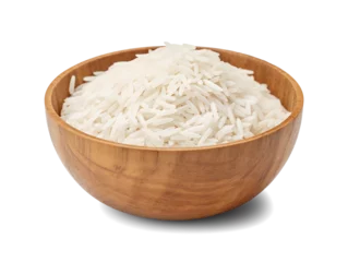 Foto op Canvas White rice in a wooden bowl isolated on transparent or white background, top view, png © Medard