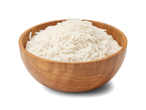 White rice in a wooden bowl isolated on transparent or white background, top view, png