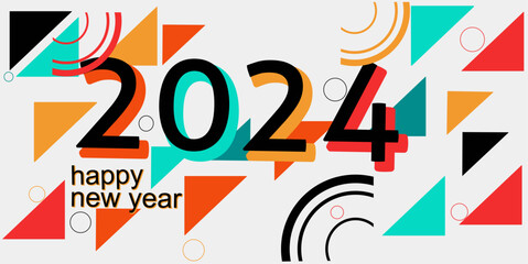 2024 New Year Celebration Banner Design with Modern Abstract Geometric Background in Retro Style Decorated with Colorful Shapes