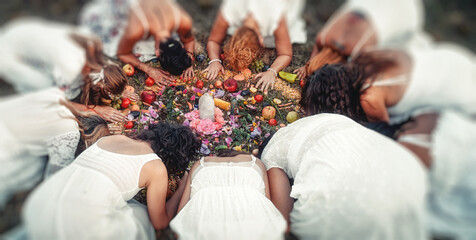 Madala with flowers and fruits, spiritual ceremony of earth. - obrazy, fototapety, plakaty