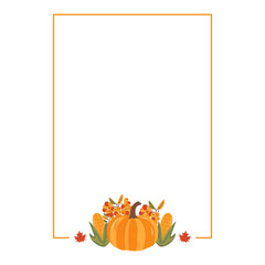 Autumn card. Fall season cozy poster. Autumn thanksgiving seasonal banner with corn, leaves, pumpkin. Stock design