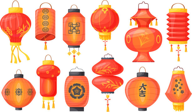 Red hanging lanterns. Cartoon chinese lantern, street paper light lamp chinatown culture, traditional oriental festival decoration in taiwan japan china, neat vector illustration