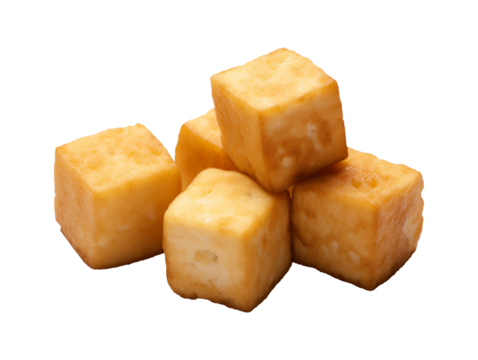 Marinated tofu cubes isolated on transparent or white background, png