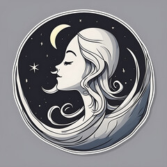 girl head and moon, stars round badge