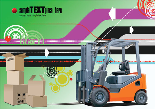 Abstract hi-tech background with boxes and forklift images.