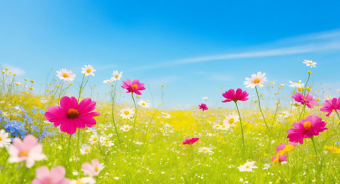  A flower field in the sun with a spring or summer garden background. Field meadow flowers