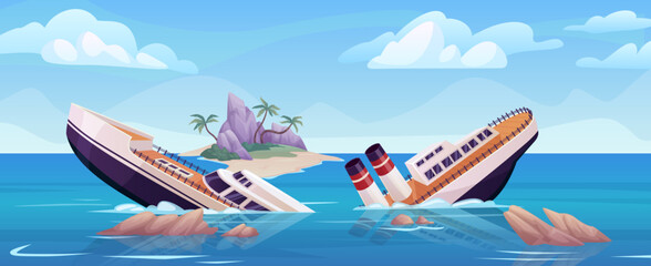 Sinking ship. Maritime ships crash shipwreck accident in ocean, sink sea cruise broken boat crashing storm or collision with rock, marine background ingenious vector illustration - obrazy, fototapety, plakaty